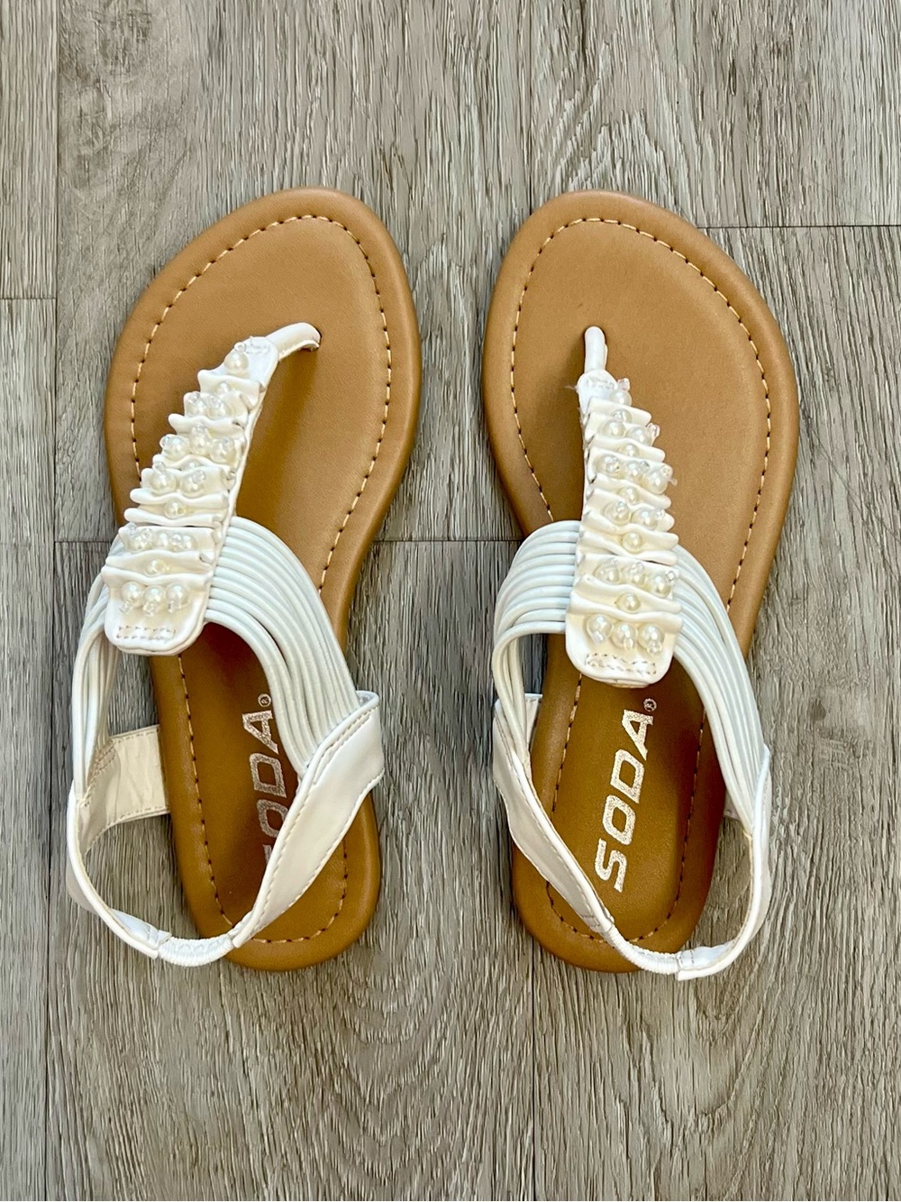 White Beaded T-Strap Girls Sandals